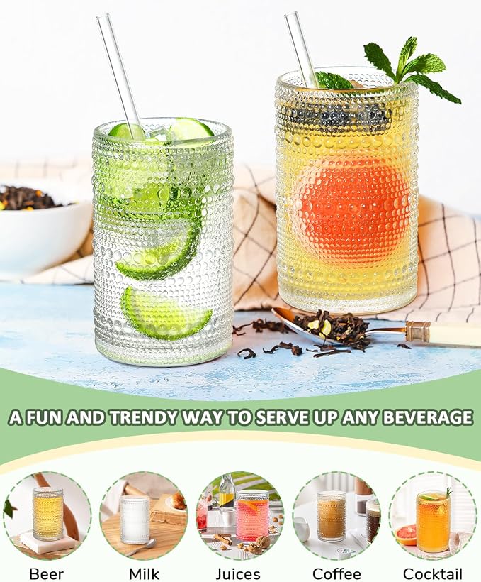 Large Capacity Glasses Drinking Set of 12, 15 oz Vintage Glassware Hobnail - Image 4