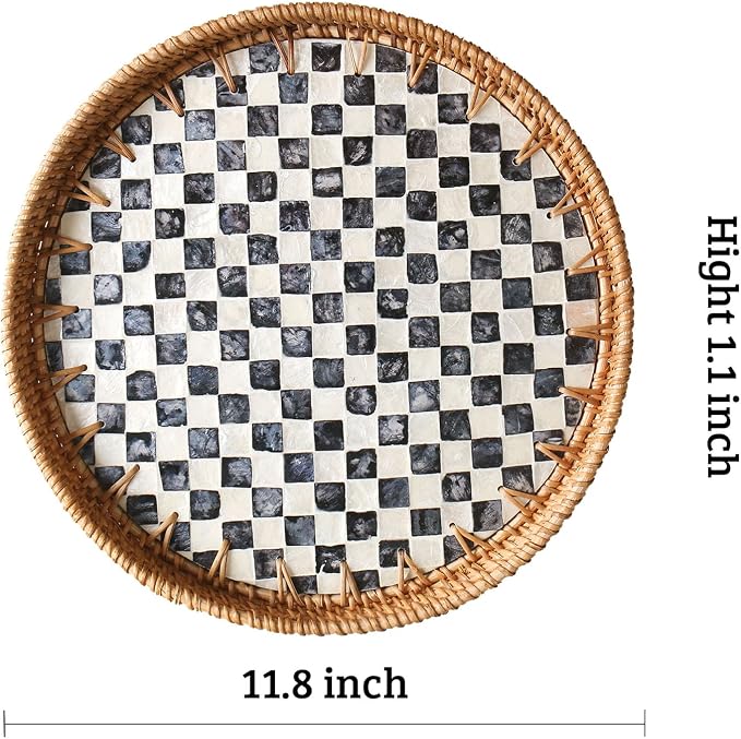 Round Rattan Tray with Mother of Pearl Inlay, Wooden Base | Coffee Table - Image 3