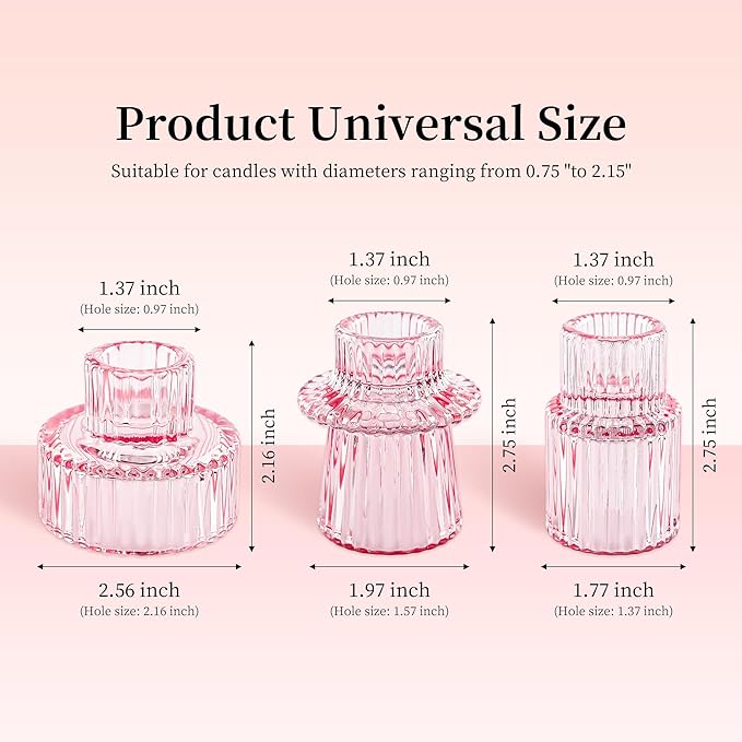 Taper Votive Candle Holder for Pillar Candles Tealight, Candlestick Holder for Wedding Christmas Tea Party, Boho Ribbed Vintage Crystal Glass Table Centerpiece Decor, Bulk Set of 6 (Pink)