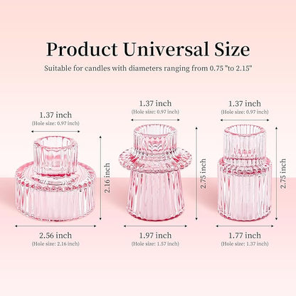 Taper Votive Candle Holder for Pillar Candles Tealight, Candlestick Holder for Wedding Christmas Tea Party, Boho Ribbed Vintage Crystal Glass Table Centerpiece Decor, Bulk Set of 6 (Pink)