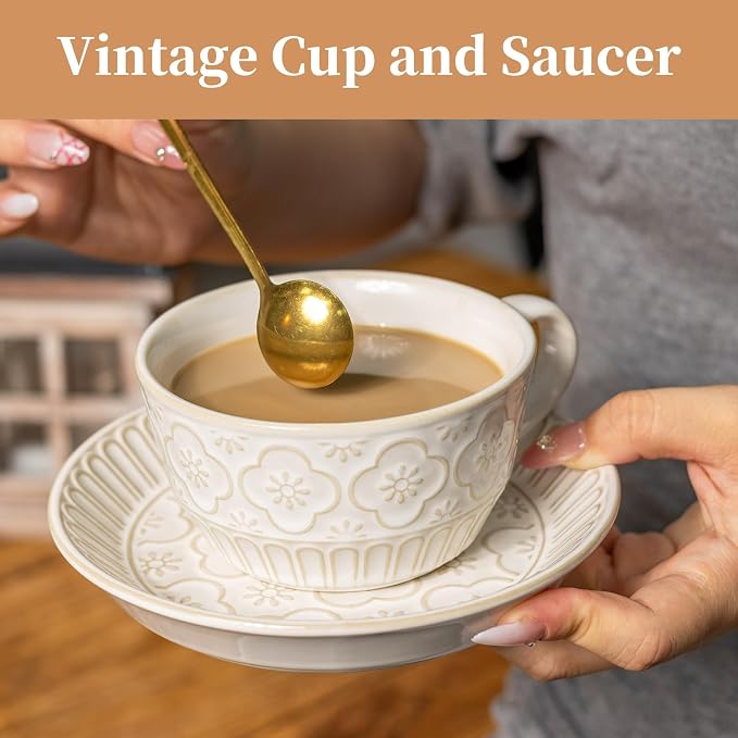 12 OZ Latte Cup with Saucer, Cappuccino Cup Vintage Cafe Art Cups - Image 4