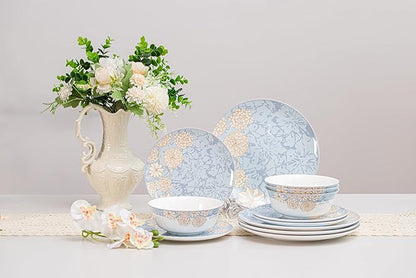 High Bone China Dinnerware Set, 12-Piece Artistic Blue Plates and Bowls, Lightweight & Chip Resistant Ceramic Service for 4, Dishwasher Safe Elegant Kitchen Dining