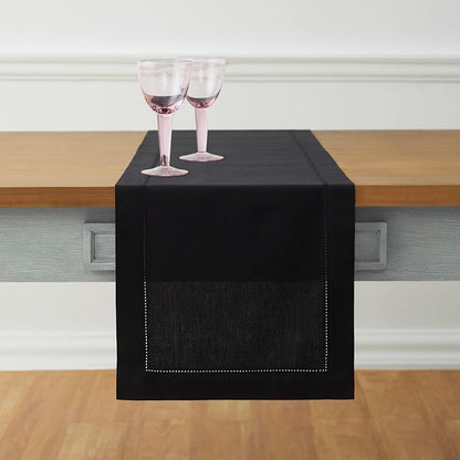 Solino Home Cotton Linen Dining Table Runner Black Hemstitch, 14 x 90 in | by SolinoHome