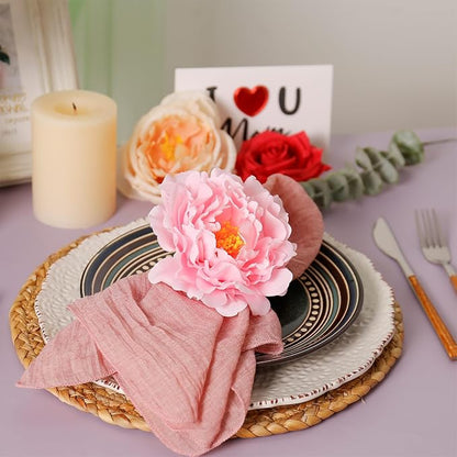 Pink Peony Napkin Rings Set of 8, Big Faux Floral Napkin Ring Buckles Holder - Image 2