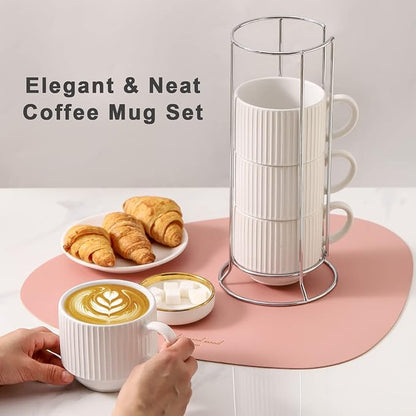 HASENSE 15 oz Ribbed Stackable Coffee Mug Set of 4, Porcelain Latte Cups - Image 2