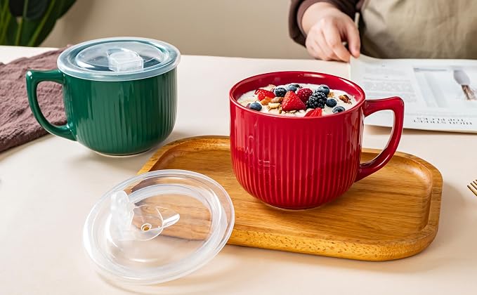 Ceramic Soup Bowl with Handle & Lid, 32oz Microwave Ramen Bowl Set of 2 | - Image 8