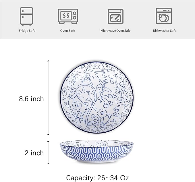 Selamica Ceramic Pasta Bowls Set 34 OZ, Large Salad Bowls 8.6 Inch Dinner Bowls - Image 2