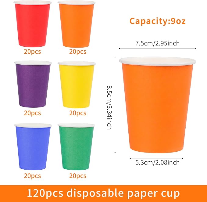 120-Pack 9 oz Rainbow paper cups, Disposable Colorful Paper Cups, Suitable - Image 2
