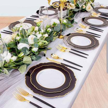 WDF 30Guest Black and Gold Plastic Plates - New Year Plates - Gold Plastic Silverware With Black Handle Baroque Black and Gold Disposable Dinnerware for New Year &Parties