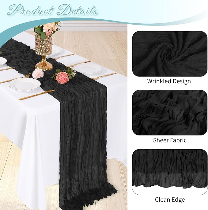 3 Pack Black Cheesecloth Table Runner, 17 x 108 inch, Semi Sheer Boho Cheese - Image 4