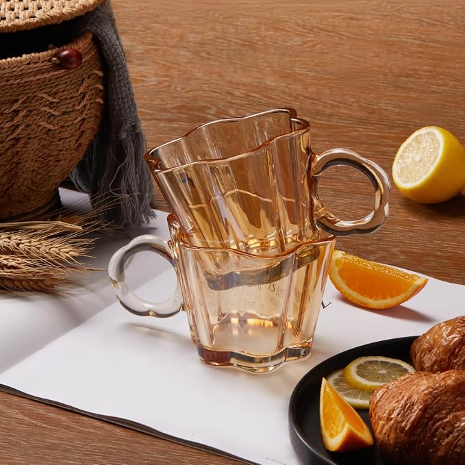 11oz Amber Floral Glass Coffee Mugs Set of 4 - Image 6