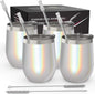 CHILLOUT LIFE 12 oz Stainless Steel Wine Tumblers 4 Pack - Double Wall Vacuum Insulated Wine Glasses Cups with Lids and Straws Set Keeping Cold & Hot for Coffee, Beer, Ice Cream - Holographic Glitter