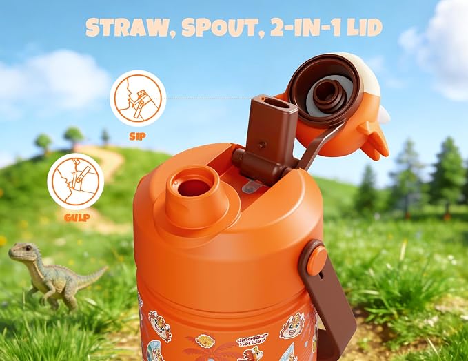 POWCAN 18 oz Kids Water Bottle Insulated: 2-in-1 Straw Spout Lid - Image 3