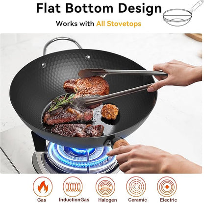 WANGYUANJI Carbon Steel Wok with Lid, 12.6" Hammered Stir Fry Pan with Helper Handle & Iron Spatula, Thickened Heavy Duty Flat Bottom Wok for Induction, Electric & Gas Stoves, Metal Utensil Safe