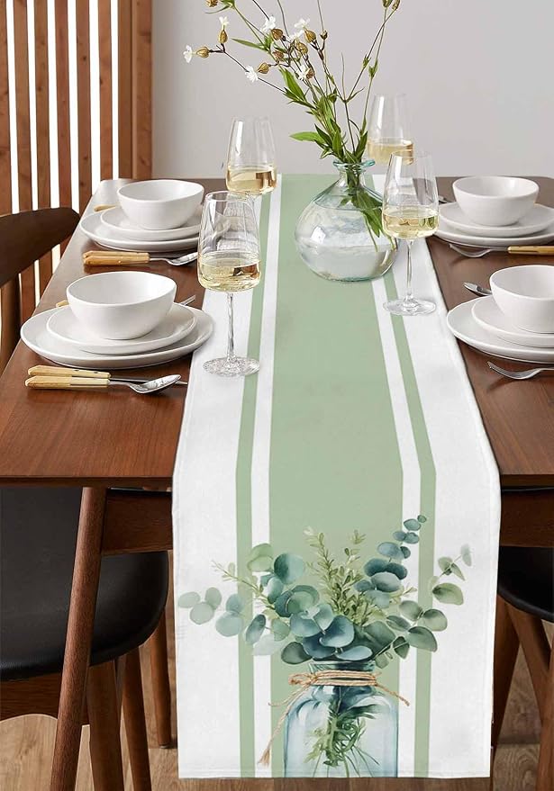 Sage Green Eucalyptus Leaves Table Runners 90 Inches Long, Farmhouse Stripe - Image 2