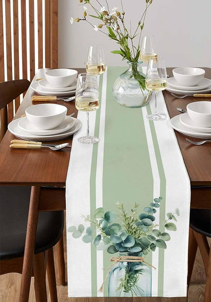 Sage Green Eucalyptus Leaves Table Runners 90 Inches Long, Farmhouse Stripe - Image 2