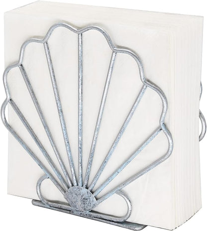 OwlGift Oceanic Napkin Holder, Nautical Themed Napkin Holder with Seashell Design, Beach Napkin Storage Organization Décor for Tabletop, Coastal Décor Centerpiece – Silver Blue