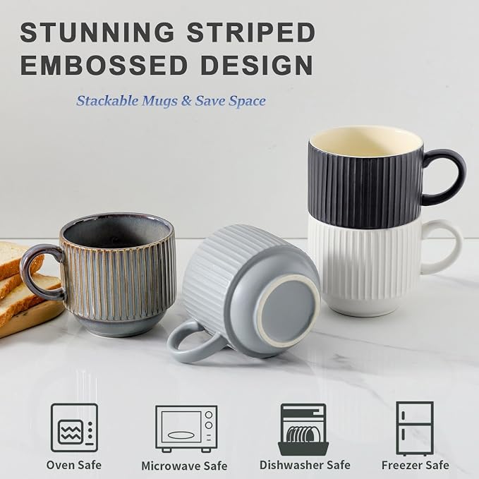 HASENSE Large Coffee Mug Set of 4 - 15 oz Stacking Ceramic Ribbed Latte Cups Set - Image 4