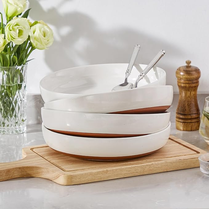 MALACASA 48 Oz Pasta Bowls Set of 4, Ceramic Soup Bowls, TARA Khaki White | - Image 5