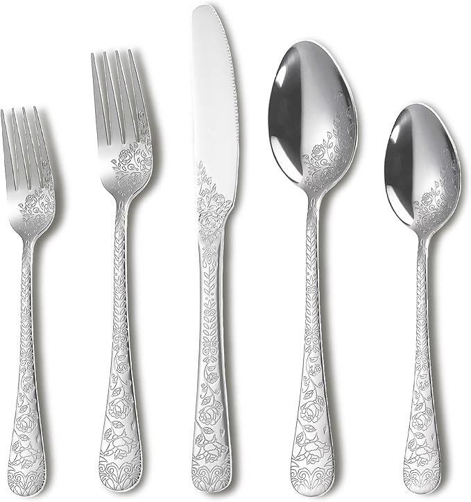Runfly Modern Carved Floral Silver Stainless Steel 20-Piece Flatware Set | by Runfly