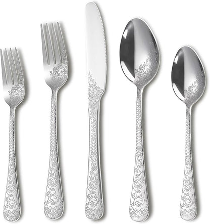 Runfly Modern Carved Floral Silver Stainless Steel 20-Piece Flatware Set | by Runfly