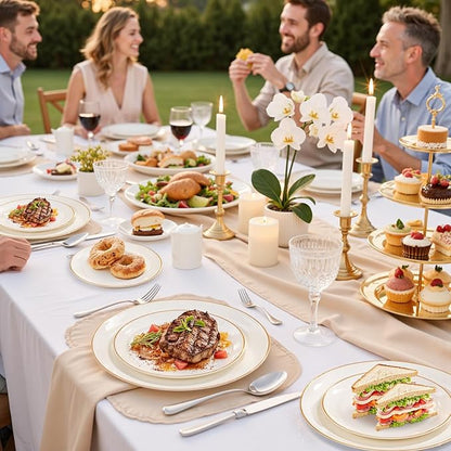 bUCLA 100PCS Ivory Plastic Plates with Gold Rim - Heavy Duty Cream Disposable Include 50 Dinner 10 inch & 50 Dessert 7 inch, for Party & Wedding