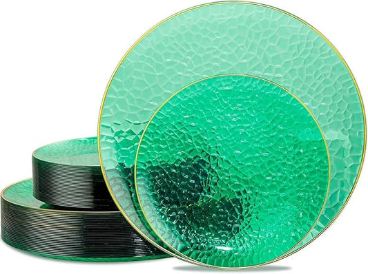Hioasis 60pcs Green Plastic Plates - Gold Rimmed Disposable, Hammered, Heavy-duty Dinnerware Set Suitable for 30 Guests, 10.25" Dinner & 7.5" Dessert Plates for Party & St. Patrick's Day