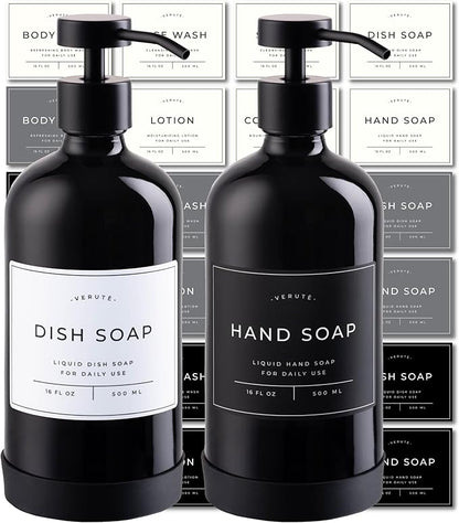 Hand and Dish Soap Dispenser for Kitchen and Bathroom, Set of 2 16 Oz Glass Bottles, Stainless Steel Pumps, Non-Slip Silicone Base, 27 Waterproof Labels (Gloss Black Bottle/Black Pump)
