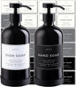 Hand and Dish Soap Dispenser for Kitchen and Bathroom, Set of 2 16 Oz Glass Bottles, Stainless Steel Pumps, Non-Slip Silicone Base, 27 Waterproof Labels (Gloss Black Bottle/Black Pump)