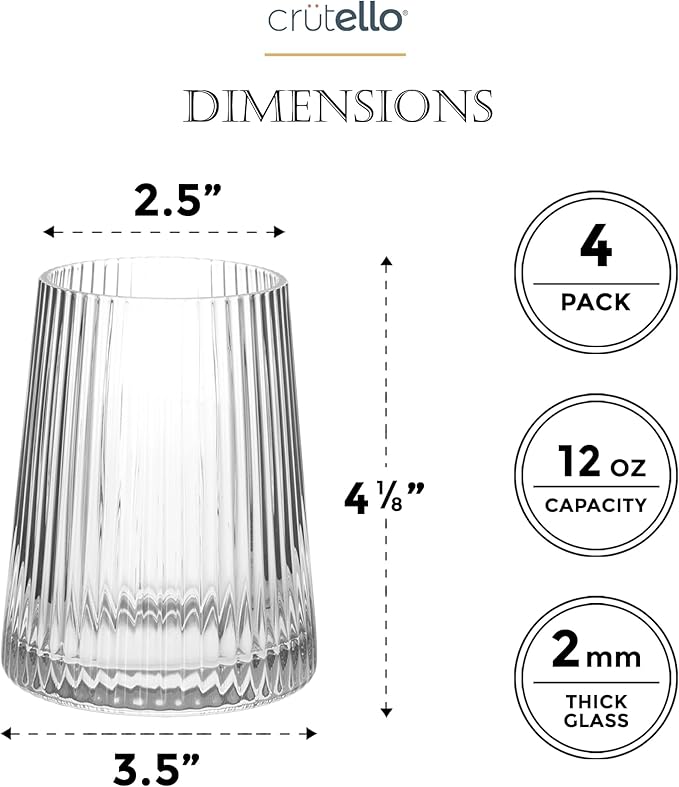 Crutello Modern Wine Glasses 12 oz Stemless, Set of 4, Unique Fluted Glassware with Vintage Ripple Texture, Art Deco Red or White Wine Fancy Glasses