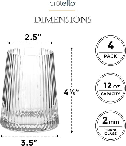 Crutello Modern Wine Glasses 12 oz Stemless, Set of 4, Unique Fluted Glassware with Vintage Ripple Texture, Art Deco Red or White Wine Fancy Glasses