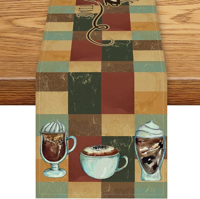 Coffee Theme Table Runner, Rustic Coffee Time Cafe Cup Latte Cappuccino Tea by Unknown