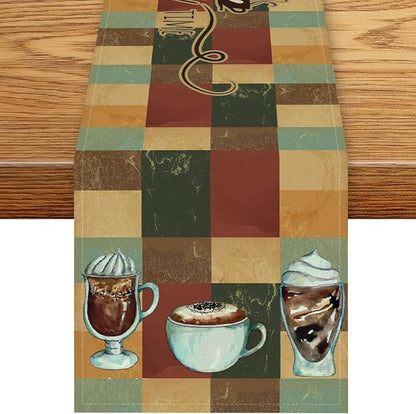 Coffee Theme Table Runner, Rustic Coffee Time Cafe Cup Latte Cappuccino Tea by Unknown