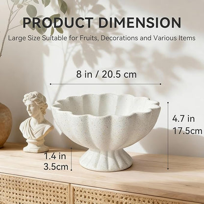 Pedestal Decorative Bowl Home Decor - Morden Handicraft Decorative Fruit Bowl for Kitchen Counter, Chic Ruffle Bowl Centerpiece Decor for Dining Table Coffee Table (Spotted White)