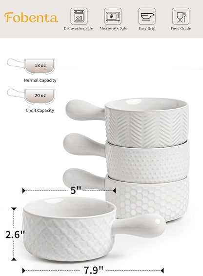 20oz Ceramic Soup Bowls with Handle, Set of 4,Textured Embossed Stoneware for Chili, Stew, Cereal,Microwave & Dishwasher Safe, Rustic Dinner Bowls for Home Kitchen
