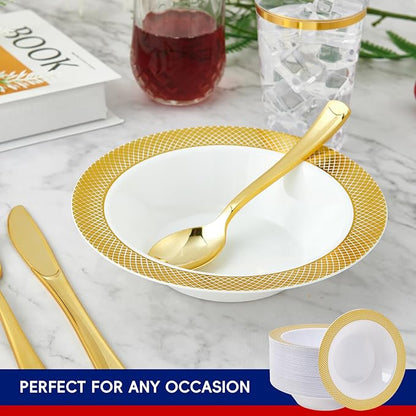 JOLLY CHEF 50 Pack Plastic Bowls with Gold Rim, 12 oz Disposable Soup Bowls, Heavy Duty Plastic Dinner Bowl for Weddings, Party, Dinners, Catering, Christmas and Everyday Use