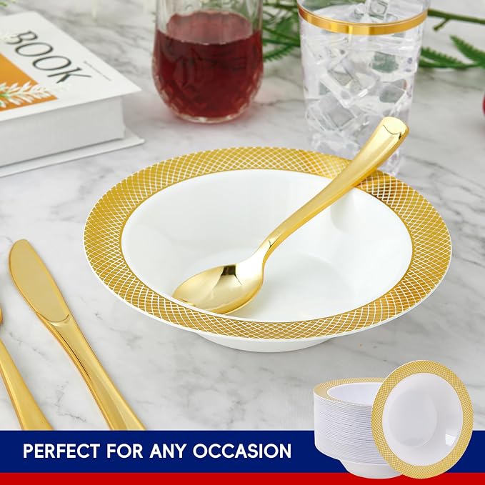 Plastic Bowls with Gold Grid Rim Disposable 12oz Bolws 100Pack | Disposable - Image 3