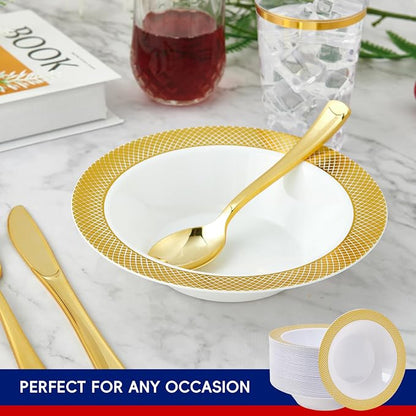 Plastic Bowls with Gold Grid Rim Disposable 12oz Bolws 100Pack | Disposable - Image 3