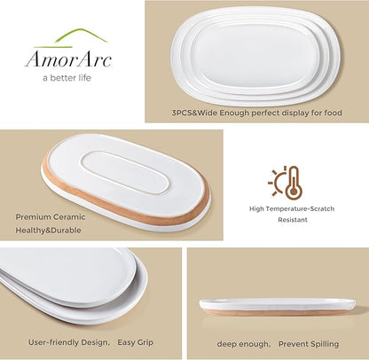 AmorArc Large Ceramic Serving Platter, 15.5"/14"/12.2" Oval Platters Microwave Safe, Serving Trays for Wedding, Stoneware Serving Dish for Entertaining&Party, Set of 3