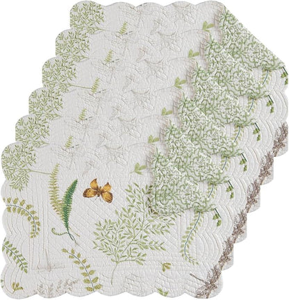 C&F Home 13" x 19" Althea Rectangular Scalloped Edge Cotton Quilted Placemats, Set of 6 Spring Springtime Butterfly Dragonfly Plants Fern Greenery Nature Tabletop Décor Decoration S/6 Rectangular
