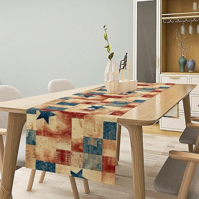 4th of July Table Runner, Rustic Vintage Country Red White Blue American Stars - Image 2