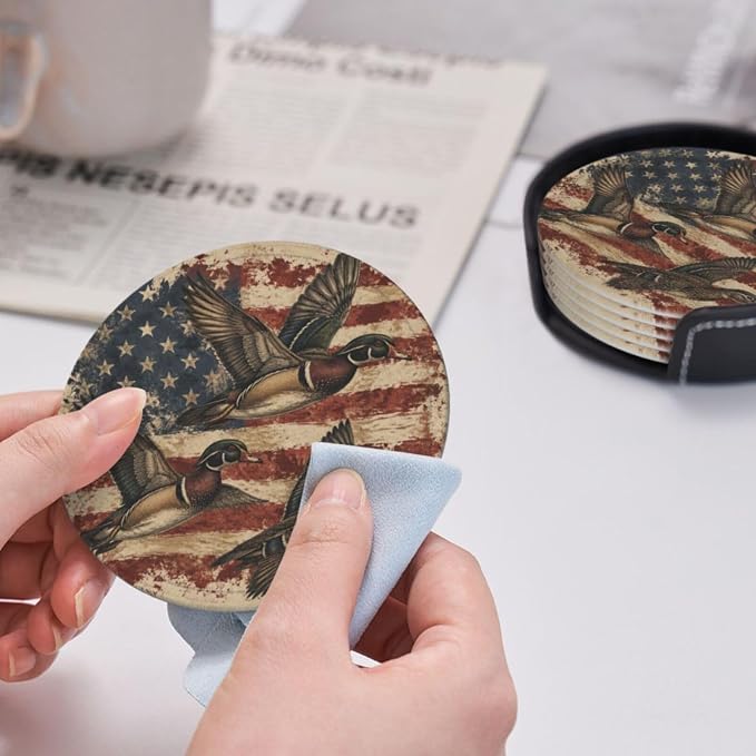Rustic Americana Patriotic Duck Flag Leather Coasters Set of 6 - Image 6