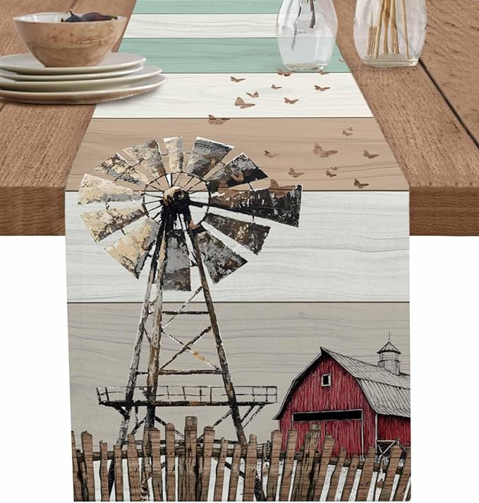 Farmhouse Windmill Short Table Runners 36 Inches, Cotton Linen Fabric Table by Edwiinsa