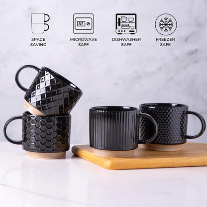 GBhome 12 OZ Stackable Coffee Mugs Set of 4, Ceramic Black Coffee Cups Set | - Image 7