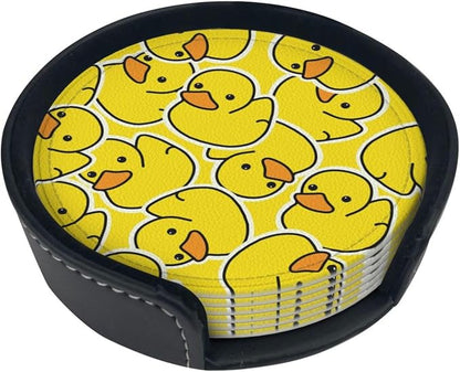 Drink Coasters with Holder Stand Set of 6 Yellow Ducks Pattern Drawing Pu - Image 6