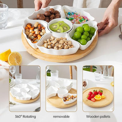 7-Piece Divided Serving Tray Set for Party, 12-Inch Rotating Serving Tray for Dining Table with Removable Dividers, Lazy Susan Platter for Charcuterie, Appetizers & Snacks