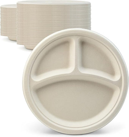 Green Earth, 10-Inch, 500-Count, 3-Compartment Compostable Plates, Natural Bamboo Fibers, Everyday Tableware - Biodegradable - Disposable Round Shape