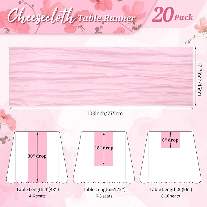 Pesonlook Cheesecloth Table Runner Light Pink, 20 Pack 17.7x108 inch, Long | - Image 2