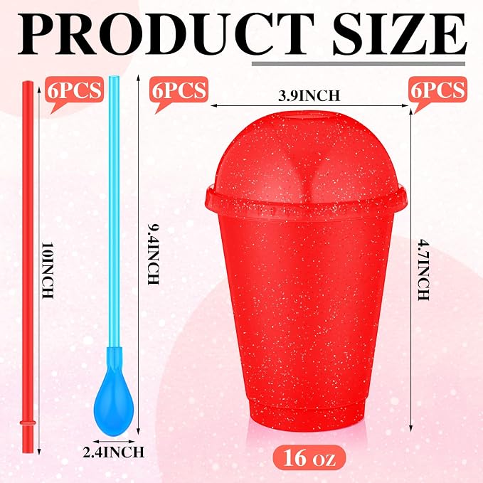 6 Set Slushie Cups with Dome Lids and Straws Detachable Spoon Straws Reusable - Image 2