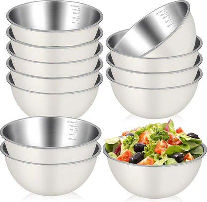 12 Pcs 1.3qt Stainless Steel Mixing Bowls Nesting Metal Prep Salad Bowls with Scale Reusable Baking Cooking Food Soup Storage Organizers for Kitchen Refrigerator